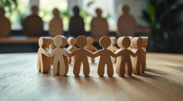 A vibrant circle of crafted wooden figures symbolizes teamwork, unity, and community, highlighting the importance of collaboration and mutual support in building a connected society photo
