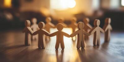 A circle composed of wooden figures beautifully represents teamwork, unity, and the essence of community, emphasizing the crucial importance of collaboration for reaching shared objectives and dreams photo