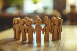 A vibrant circle composed of wooden human figures standing side by side, symbolizing the essence of teamwork, unity, and the spirit of community, all coming together in perfect harmony photo