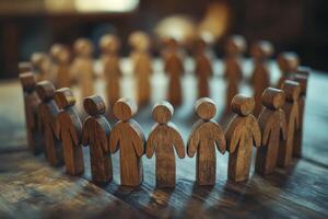 A beautifully crafted circle of intricately carved wooden figures symbolizes teamwork, unity, and community, highlighting the strength that emerges from collaboration towards a common goal photo