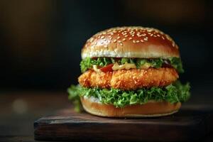 Indulge in a deliciously crispy chicken burger that features fresh and crunchy lettuce, flavorful juicy tomatoes, and our unique special sauce, all perfectly nestled within a soft sesame seed bun photo