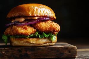 Enjoy a crispy chicken sandwich loaded with fresh lettuce, zesty onions, and savory sauce in a warm bun. Each bite promises satisfaction, perfect for lunch, snacks, or sharing at picnics photo