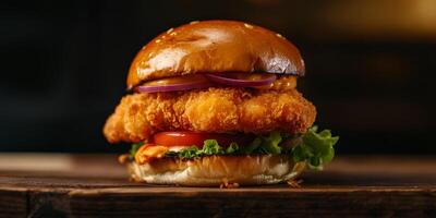 Enjoy a crispy chicken burger packed with fresh lettuce, juicy tomato slices, and zesty onions, all in a perfectly toasted bun for an unforgettable experience you wont want to miss photo
