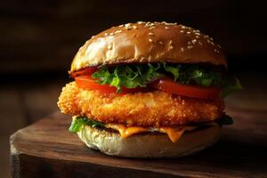 Enjoy a crispy chicken burger loaded with fresh lettuce, juicy tomato, and creamy cheese in a sesame seed bun. Its a mouthwatering delight that satisfies any food lovers cravings photo