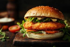Indulge in this mouthwatering burger that features a perfectly crispy fried patty, an array of fresh vegetables, and a truly flavorful sauce, all beautifully nestled within a sesame seed bun photo