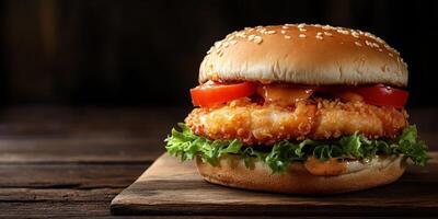 Indulge in this deliciously crispy chicken burger, which features fresh, crunchy lettuce, ripe, juicy tomatoes, and a perfectly toasted sesame seed bun, creating a truly satisfying meal experience photo