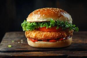 Enjoy a crispy chicken burger topped with fresh lettuce, juicy tomato slices, and a mouthwatering ketchup drizzle, all nestled in a toasted sesame seed bun for a flavorful culinary treat photo