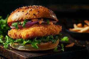 Enjoy a crispy chicken burger with fresh lettuce, zesty onions, and tangy sauce, paired with crispy fries. Its a delightful mix of flavors and textures that will satisfy your cravings photo