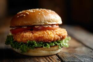 Indulge in this truly crispy and flavorful chicken sandwich that comes complete with fresh lettuce, ripe tomato, and a deliciously creamy sauce, all perfectly nestled in a soft sesame seed bun photo