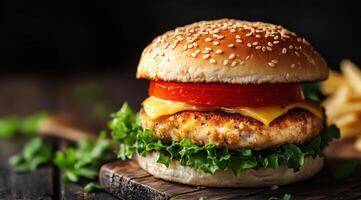 Enjoy a tasty chicken burger topped with fresh lettuce, juicy tomatoes, and melted cheese, paired with crispy fries for an unforgettable dining experience youll want to have again photo