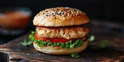 Indulge in a mouthwatering chicken burger that features a perfectly juicy patty complemented by fresh, crisp lettuce, ripe tomato slices, all nestled in a toasted sesame seed bun that is delicious photo