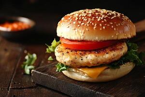 Enjoy a delicious chicken burger topped with crisp lettuce, juicy tomatoes, and creamy cheddar cheese, all in a soft sesame seed bunideal for lunch, dinner, or a picnic with friends and family photo