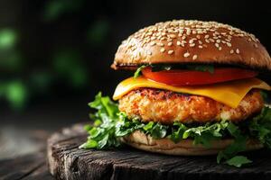 Savor the irresistible flavors of a perfectly crispy chicken burger, generously topped with delicious melted cheese, fresh lettuce, and ripe tomatoes, all nestled within a delightful sesame seed bun photo