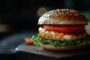 Savor the taste of this succulent grilled chicken burger topped with fresh lettuce, juicy tomatoes, and a sesame seed bun photo