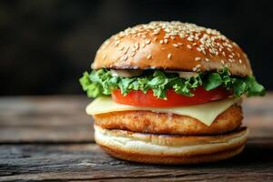 Enjoy a tasty chicken burger topped with fresh lettuce, juicy tomatoes, and melted cheese, all nestled in a soft sesame seed bun for an unforgettable flavor experience youll love photo