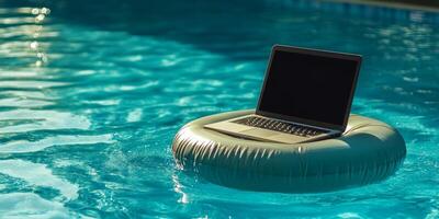A laptop calmly resting on a colorful pool float, epitomizing the quintessential workaholic lifestyle. This setup is perfect for maintaining productivity while enjoying remote work by the water photo