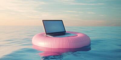 A laptop rests on a pink pool float, bobbing in calm waters, symbolizing the blend of focused work, productivity, and relaxation in a vibrant setting that inspires creativity and new ideas photo