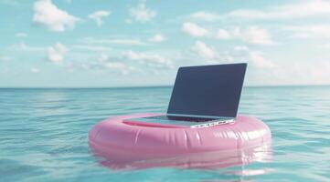 A laptop rests on a pink pool float in the ocean, illustrating the blend of work and leisureperfect for digital nomads aiming for a balance between professional and personal lives photo