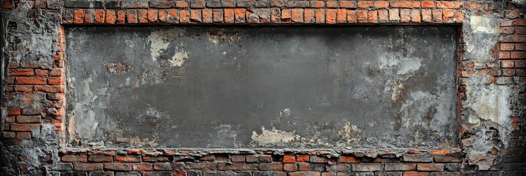This is a highly detailed textured image showcasing a weathered brick wall that has an empty gray space. This area is perfect for incorporating custom text or graphics to make it stand out visually photo