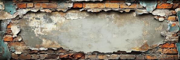 This captivating image displays a weathered brick wall with peeling plaster and a blank space, making it perfect for backgrounds or design projects while offering a strong visual aesthetic photo