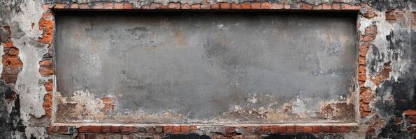 An aged and weathered metallic surface, beautifully framed by rustic bricks, perfectly suitable for showcasing text or images in an appealing vintage style that exudes charm and character photo