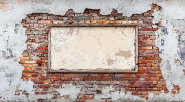 A weathered brick wall with a distressed look and a blank area ideal for custom text or graphics. This backdrop is perfect for rustic design themes, enhancing artistic expressions photo