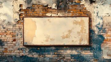 An old, weathered brick wall that is beautifully adorned with a blank wooden frame, making it an ideal canvas for various artistic applications, signage, or even personal creative projects photo