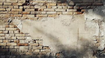 A textured wall featuring a mix of bricks and plaster, offering ample space for text or graphics. Ideal for backgrounds and design projects photo