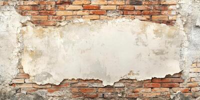 This is a weathered brick and plaster wall that features a blank area set aside for the addition of text or graphic elements. It is ideal for use as backgrounds and in various creative projects photo