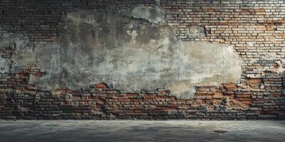 The weathered and textured brick wall features exposed areas that provide an ideal backdrop for showcasing minimalist designs or various creative concepts that inspire artistic expression photo
