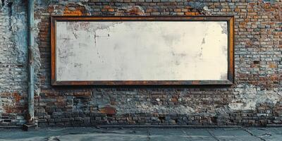 A blank billboard stands framed against a charming and rustic brick wall, offering ample space and opportunity for creative advertisements, artistic displays, or unique artwork to shine photo