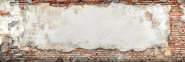 A weathered brick wall with a rugged texture has a blank white space ideal for adding text or designs for creative projects, presentations, or backgrounds that captivate audiences photo