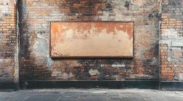 A rustic brick wall with a blank panel is a perfect canvas for vibrant artwork or ads, enhancing visual appeal and inspiring creativity in various artistic projects for personal expression photo