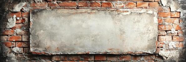 A weathered and rustic brick wall showcases a large, blank concrete panel, ideally suited for incorporating unique personalized text or vibrant images, making it a standout backdrop photo