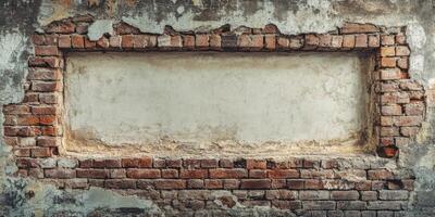 A weathered and timeworn brick wall showcases a smooth, undecorated space that is perfectly suitable for adding personalized text or captivating graphics, effectively evoking a sense of rustic charm photo
