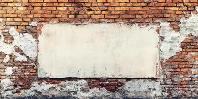 A weathered brick wall that has an expansive blank white space, making it an ideal canvas for various promotional content, advertisements, or artistic displays and creative expressions photo