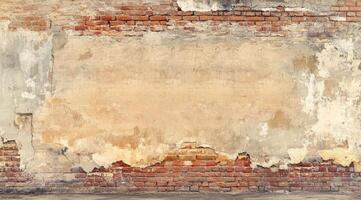 A weathered wall that displays peeling paint along with exposed brick, creating a unique surface that offers ample space for text or design elements, perfect for various artistic applications photo