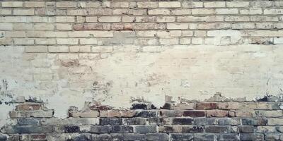 A weathered and aged brick wall presenting a captivating mix of beige and gray hues, beautifully showcasing texture and character, making it perfect for a variety of creative projects and backgrounds photo