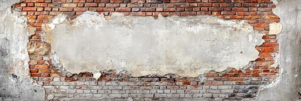 A weathered and aged brick wall that prominently showcases a large cracked plaster section, making it an ideal canvas for adding your own personalized text, designs, or artistic creations photo