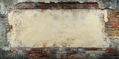 This weathered wall features rustic textures and a blank space ideal for customizable text or graphics, perfect for artistic projects and appealing backgrounds in various creative endeavors photo