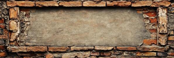 This artistic piece showcases a textured vintage brick wall with a blank space ideal for adding text, making it great for posters or ads while blending rustic charm with practical design photo
