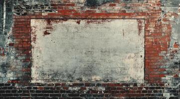 A weathered brick wall serves as a vibrant canvas, adorned with diverse text and colorful graphics, showcasing intriguing textures and hues that reflect urban decay and its layered history photo