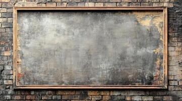 A weathered chalkboard, creatively framed in wood, hangs gracefully against a rustic brick wall, providing ample space for your thoughtful message, artwork, or creative expression to shine photo