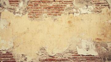 A rustic wall that showcases a beautiful blend of exposed bricks alongside faded plaster, resulting in a unique and captivating backdrop that offers ample copy space for various creative designs photo