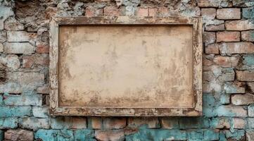 A weathered brick wall with a blank signboard is an excellent backdrop for ads, announcements, or creative displays, offering ample space to inspire artistic expression and creativity photo