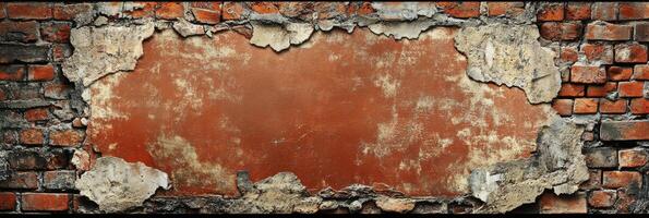 This is a detailed image showcasing cracked plaster layered over exposed brick, creating a rustic and urban backdrop that offers ample copy space for an array of creative uses throughout photo