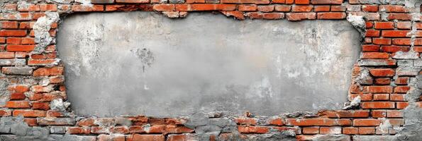 This textured brick wall features a large blank concrete area, perfect for adding custom text or graphics. Its ideal for backgrounds in various design projects, offering versatility and style photo