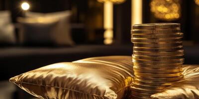 A stunning and captivating display of luxurious gold tokens rests elegantly atop plush, sumptuous golden pillows, evoking an atmosphere of opulence and allure in a chic and sophisticated setting photo