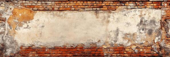 A weathered and textured wall that showcases peeling paint, along with exposed bricks, which provides ample space for various applications and creative endeavors, such as advertising or art photo