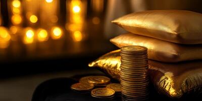 A stunning display of shiny gold coins alongside elegant pillows creates a luxurious atmosphere that captivates the senses, inviting you to experience its beauty and richness, enhancing the setting photo